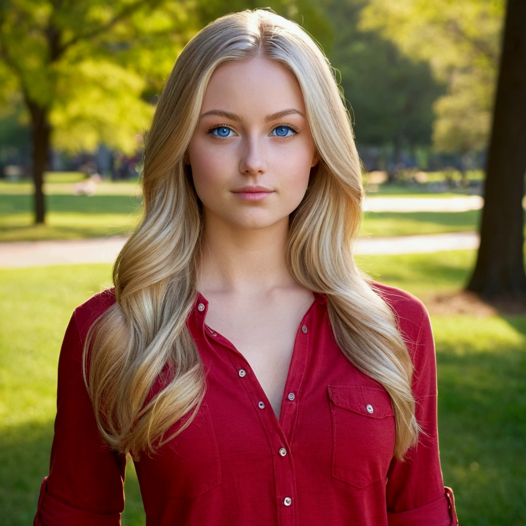 "A photorealistic picture of a beautiful 25-year-old American girl with long, medium size breast,hour glass shape,tiny attractive nose, flowing blonde hair and striking blue eyes with wearing red shirt and jeans. She should have a natural, approachable expression and be illuminated by soft.Instagram photo. She is in the park, her hands are not captured in the photo, Capture this image with a high-resolution photograph.
