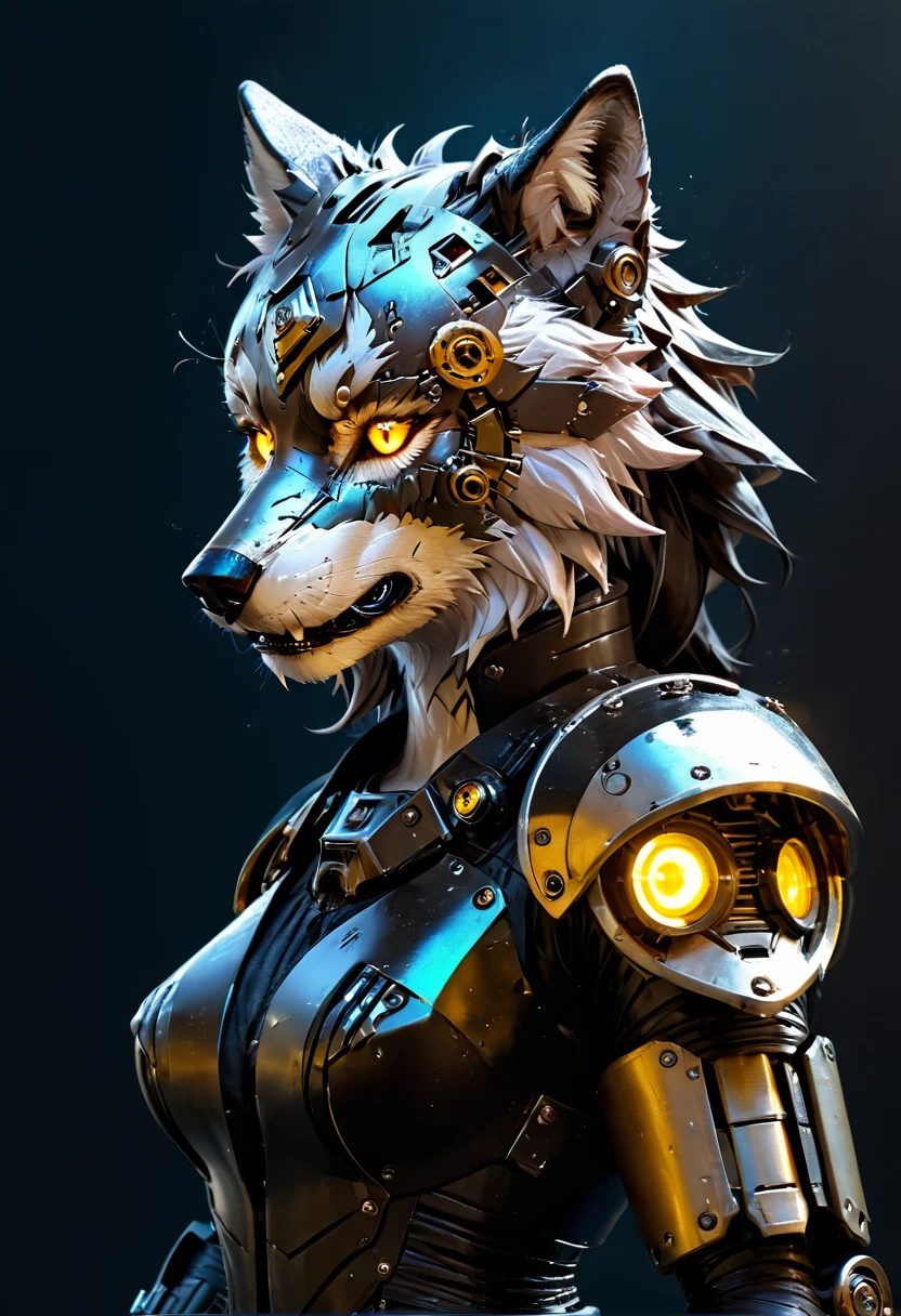 a portrait of a mechanical creature (( mechanical female, anthro wolf: 1.5), ((full body: 1.5)), ((anatomically correct: 1.5)), (ultra detailed face: 1.2), looking feral, looking dangerouse,  yellow eyes. dynamic fur color, glowing eyes, wearing mech armor, delicate armor, wearing high heeled boots, cyberpunk street background, vibrant, Ultra-high resolution, High Contrast, (masterpiece:1.5), highest quality, Best aesthetics), best details, best quality, highres, 16k, (ultra detailed: 1.5), masterpiece, best quality, (extremely detailed) RAW, (ultra details, Masterpiece, best quality),MechanicusStyleAI, Hyperrealism style, anime