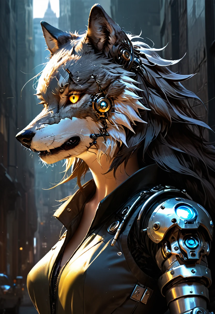 a portrait of a mechanical creature (( mechanical female, anthro wolf: 1.5), ((full body: 1.5)), ((anatomically correct: 1.5)), (ultra detailed face: 1.2), looking feral, looking dangerouse,  yellow eyes. dynamic fur color, glowing eyes, wearing mech armor, delicate armor, wearing high heeled boots, cyberpunk street background, vibrant, Ultra-high resolution, High Contrast, (masterpiece:1.5), highest quality, Best aesthetics), best details, best quality, highres, 16k, (ultra detailed: 1.5), masterpiece, best quality, (extremely detailed) RAW, (ultra details, Masterpiece, best quality),MechanicusStyleAI, Hyperrealism style, anime