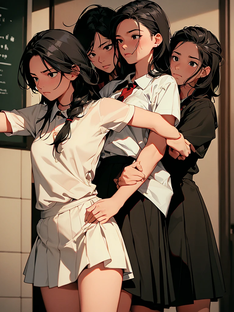 Cinematic shot, Masterpiece, rough lesbian orgy, multiple females, lesbian punishment, hand under the skirt, masturbating, school girls, slim , humiliated 
