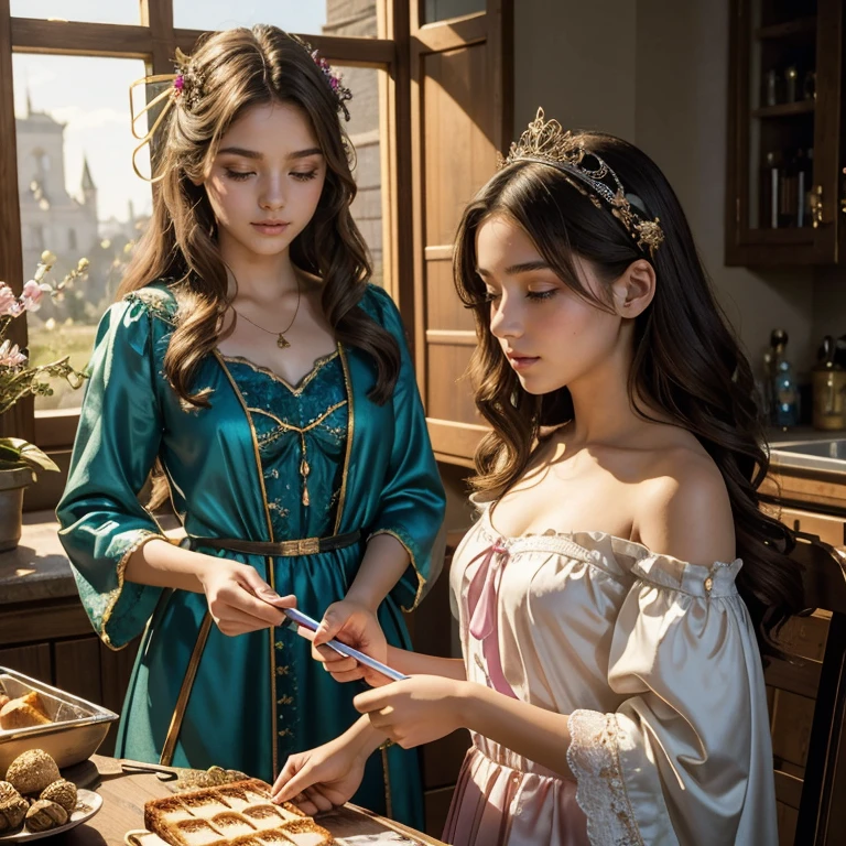 (​masterpiece, best quality:1.5), highest quality, High resolution, super detailed, Realists, Upper body photo of a brunette 14-year-old magical girl, detailed and beautiful eyes, beautiful detailed lips, very detailed eyes and face, longeyelashes, shiny satin dress, Holding a magic wand in your hand, Cast a transformation spell, Pine cones turn into jam sandwiches, Magic wands present and shiny, Beautiful and colorful makeup, elegant and noble々The jewelry bag, Gardens as background, soft daylight, bright colors, fine brushstrokes, Portrait style, Silk dress fabric, beautiful color palette, glowing skin, First-class rendering, that captures every detail, enchanting atmosphere, subtle shadows and lights, (perfect anatomy:1.2), (The two stunning 14 and 12 year old Magical Girls transform Tammenzapfen into jam sandwiches (a transformation with the magic wand:1.4), (magnificent panorama view:1.2)