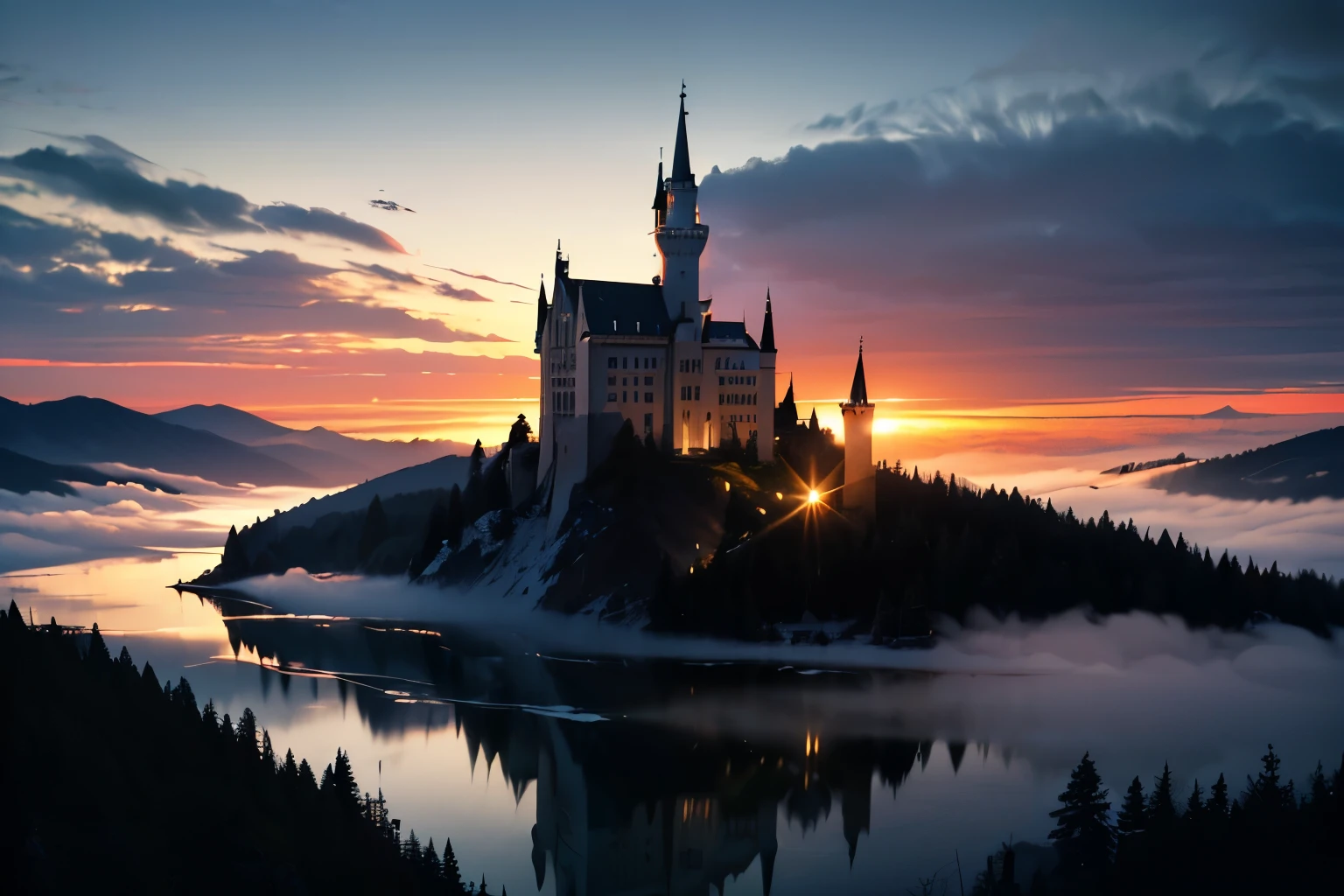 a fairy tale castle in the mountains at dawn, Neuschwanstein castle, dramatic lighting, golden hour, fog, majestic, gothic architecture, ornate details, snow-capped mountains, lush forest, serene lake, reflections, atmospheric, (best quality,4k,8k,highres,masterpiece:1.2),ultra-detailed,(realistic,photorealistic,photo-realistic:1.37),cinematic,dramatic lighting,vibrant colors,intricate textures