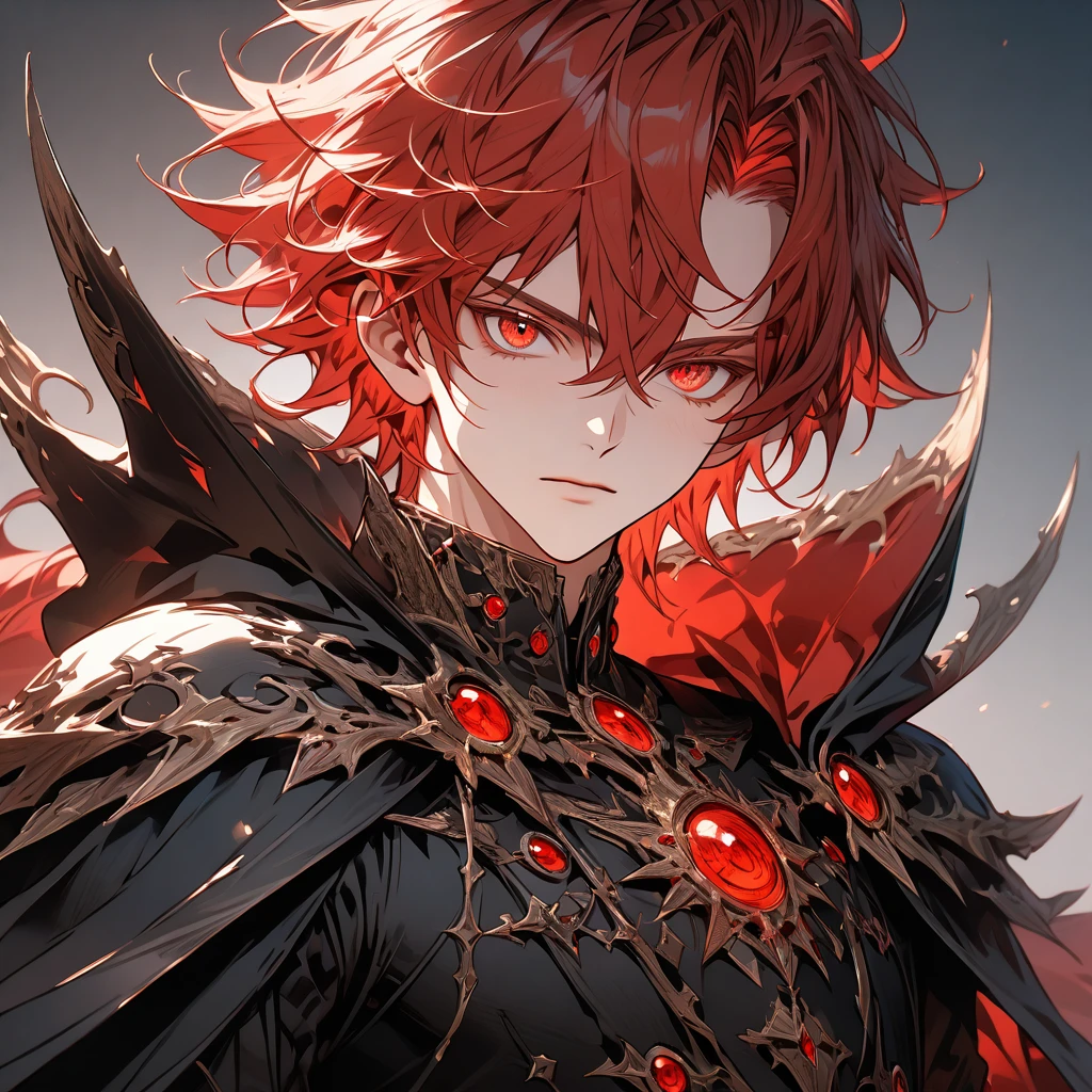 male face, red hair, eyes closed, extremely detailed eyes, perfect eyes, extremely detailed face, black overcoat, powerful cape, RPG style, broad shoulders, upright posture, facing the image, no light in the image, no shadows in the image, 8k, ultra-high quality, extremely detailed, perfectly detailed.