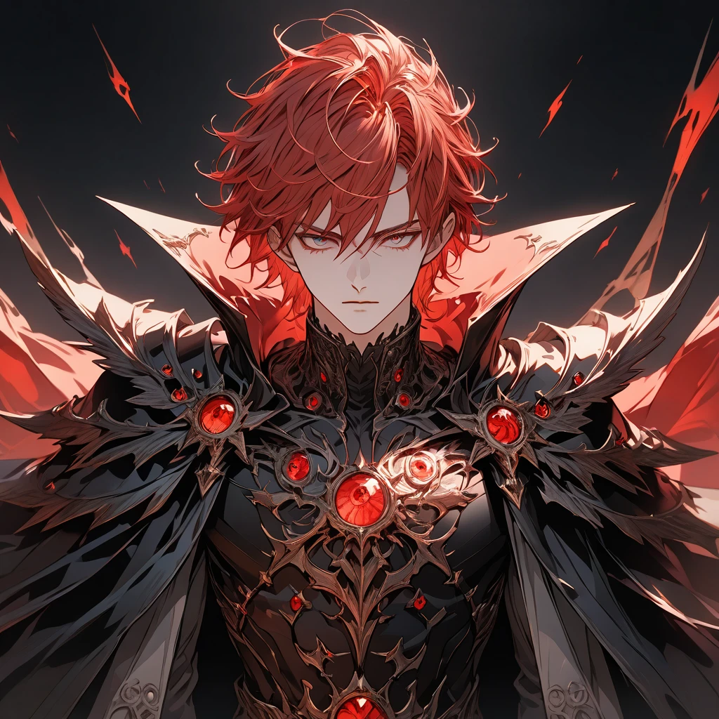 male face, red hair, eyes closed, extremely detailed eyes, perfect eyes, extremely detailed face, black overcoat, powerful cape, RPG style, broad shoulders, upright posture, facing the image, no light in the image, no shadows in the image, 8k, ultra-high quality, extremely detailed, perfectly detailed.