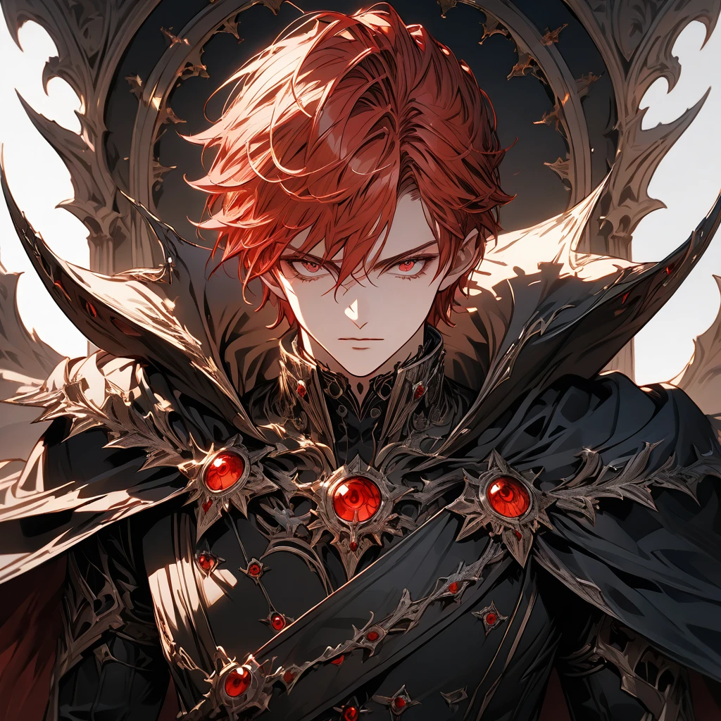 male face, red hair, eyes closed, extremely detailed eyes, perfect eyes, extremely detailed face, black overcoat, powerful cape, RPG style, broad shoulders, upright posture, facing the image, no light in the image, no shadows in the image, 8k, ultra-high quality, extremely detailed, perfectly detailed.
