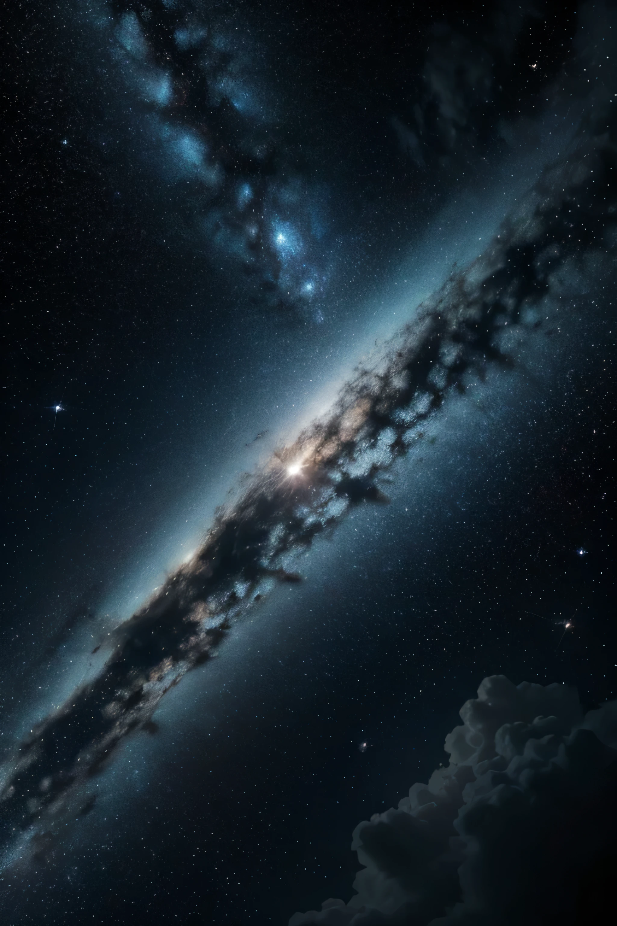 Create a background image for a music channel, the image must contain a starry sky, clouds, space, uma nave espacial indo para o space