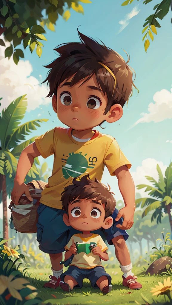 brown and Brazilian boy, sunny and grassy background