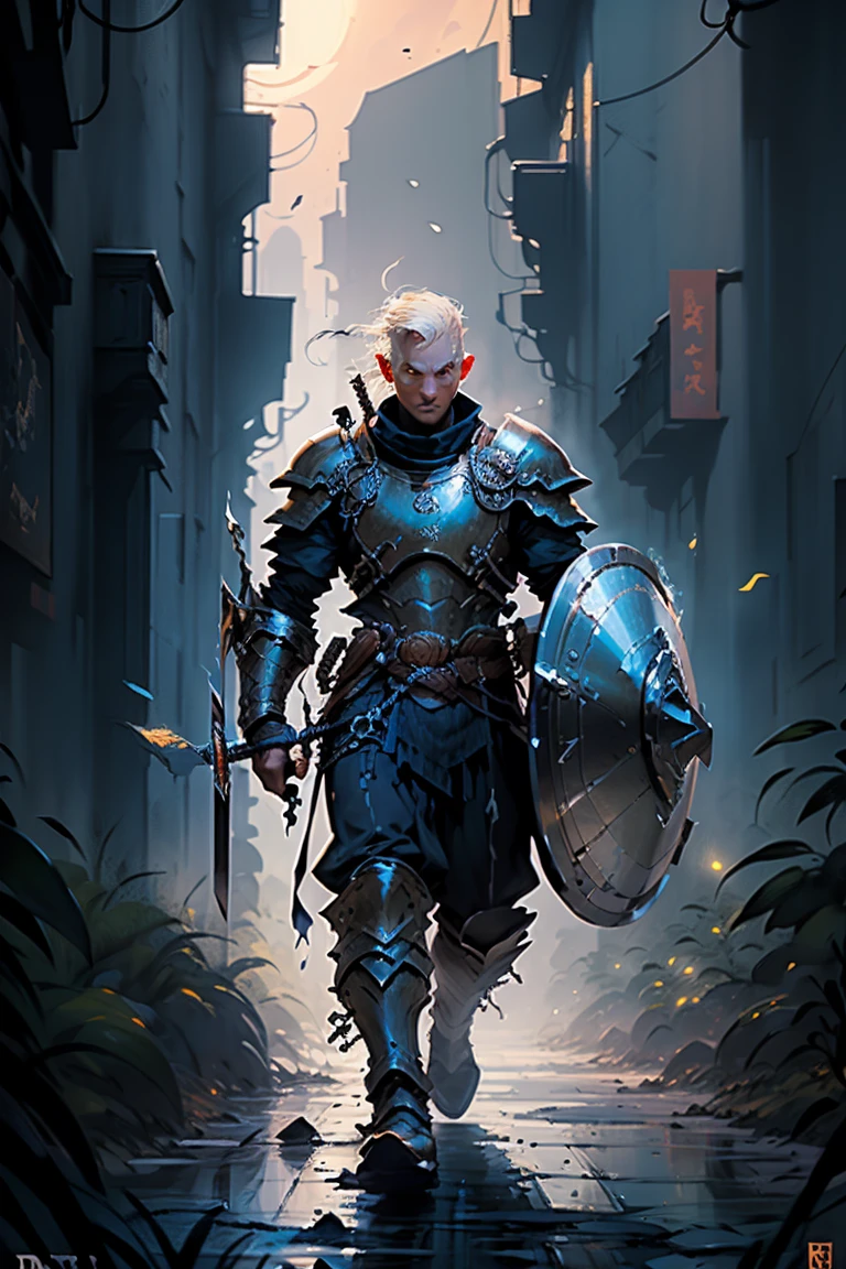 https://s.mj.run/dYiUM9wHmgQ dnd illustration art. knight holding a large shield. background sunset. loose brushstrokes