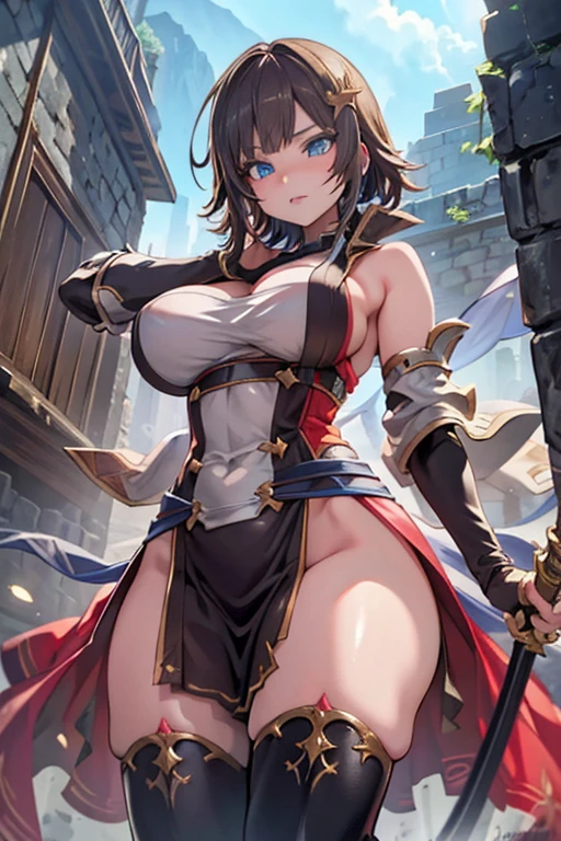 LeonaGB, low ponytail,Complex eyes,Beautiful Eyes,Symmetrical eyes,Big eyes:1.5,Seductive eyes,Blue Eyes,hair ornament,
High resolution,Sharp focus,(Super detailed,Very detailed),(Very detailed CG unity 8k wallpaper),(((Vibrant colors))),{best illustration},
Official Art,granblue fantasy,((complete anatomy)),One woman,(Huge breasts:1.1),(Huge hips),Muscular,
Tight waist,Long legs,curve,Cleavage,(Realistic eyes,Perfect Fingers, Natural skin texture, Realistic facial details),
((Detailed body)),(Detailed face)), cute,erotic,Bold,
very shiny 肌,Shiny body,plastic glitter 肌,exaggerated shiny 肌,illuminated 肌,
LeonaBase, ponytail, dress, detached sleeves, gloves, thigh boots,
Angry, Open your mouth, Carrying a weapon, Large naginata, Flying in the air, Dynamic Pose, Dynamic Angle,
Medieval European style,Demon King's Castle,Cinematic,flame in background,Burning ruins falling to the bottom of the sky,
final battle,night,Sparks fly,Reflection of the flames,sparkle, light particles,
(The view is from very close below:1.5), Look Down, kneeling pose,