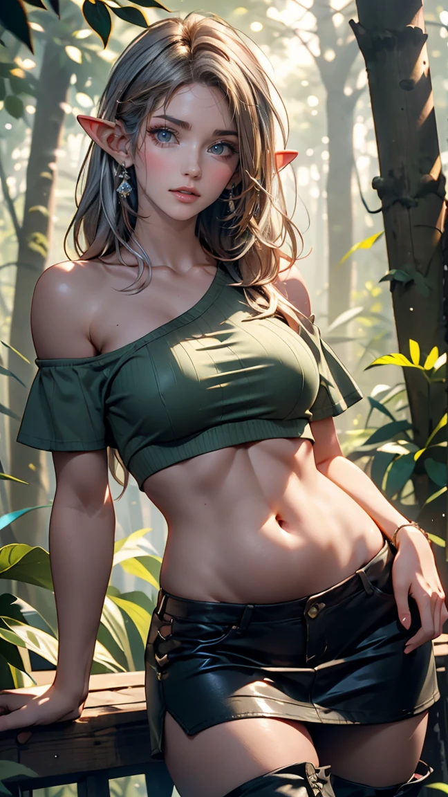24 year old elf woman、Wear a green one-shoulder top、Visible lower milk、I can see my belly button、toned body、narrow waisted、Wear a miniskirt、Wear long boots、sexly、ombre、rot、long hair、silver hair、Being in the forest