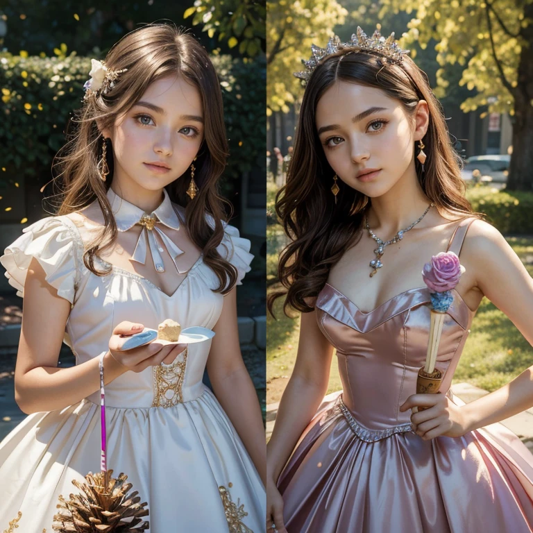 (masterpiece, best quality:1.5), highest quality, High resolution, super detailed, Realists, Upper body photo of a brunette 14 year old magical girl, detailed and beautiful eyes, beautiful detailed lips, very detailed eyes and face, longeyelashes, shiny satin dress, Holding a wand in your hand and performing a transformation spell, Mushrooms turn into chocolate, Magic wands present and shiny, Beautiful and colorful makeup, elegant and noble々The jewelry bag, Gardens as background, soft daylight, bright colors, fine brushstrokes, Portrait style, Silk dress fabric, beautiful color palette, glowing skin, First-class rendering, that captures every detail, enchanting atmosphere, subtle shadows and lights, (perfect anatomy:1.2), (The two stunning 14 and 12 year old magic girls turn mushrooms into chocolate (a transformation with the magic wand:1.4), (magnificent panorama view:1.2)