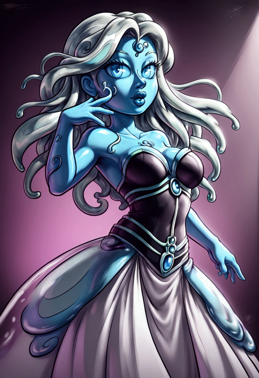 A silver slime monster, beautiful detailed eyes, beautiful detailed lips, extremely detailed face, 1 girl, dancing, horizon, dramatic lighting, fantasy, surreal, digital art, 8k, highly detailed, photorealistic, cinematic, intricate details, glowing, ethereal, shimmering, iridescent, mesmerizing movement, dynamic pose, magical, otherworldly, vibrant colors, moody atmosphere