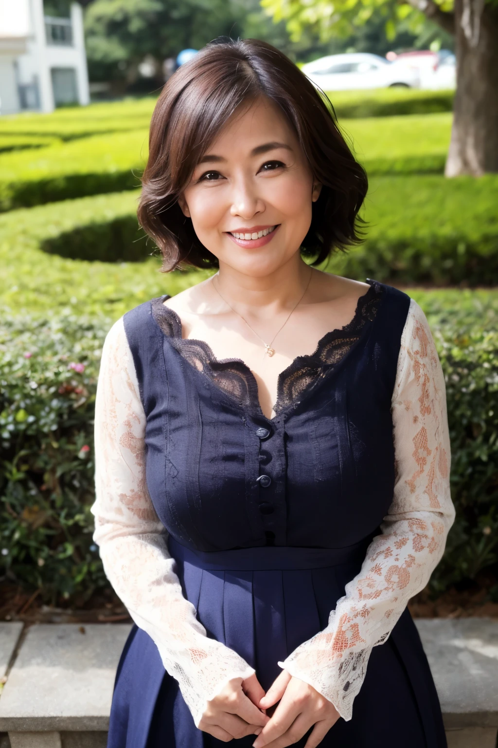 最high quality, In 8K, Masseter region, Real, Sharp focus, high quality, High resolution, Detailed face, Detailed eyes, Thick lips, (Look at the viewers), alone, Middle-aged women, , 60 years old, , Wavy Hair, Cleavage, Wearing a plain short-sleeved knit, Afternoon in front of the park garden, Wrinkles around the eyes, Smiling with teeth showing
