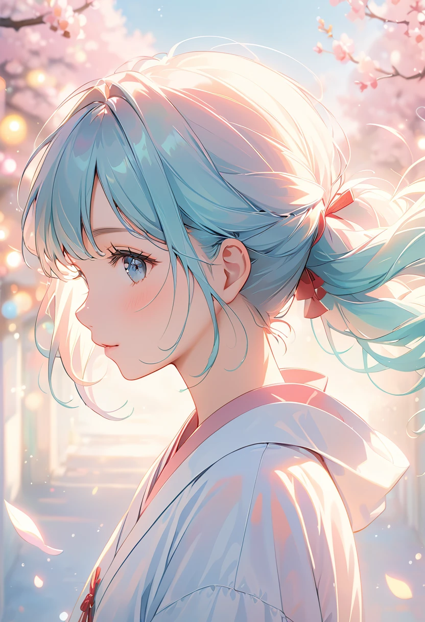(Highest quality:1.2), Beautiful lo-fi minimalist vibe, Cute 18 year old Japan woman, Light bokeh, Soft colors, Sparkling, Dynamic Side Angle, Natural soft lighting, 8k resolution, shape, pastel four colors
