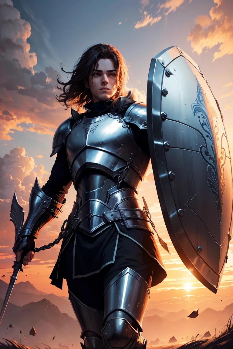 https://s.mj.run/dYiUM9wHmgQ dnd illustration art. knight holding a large shield. background sunset. loose brushstrokes