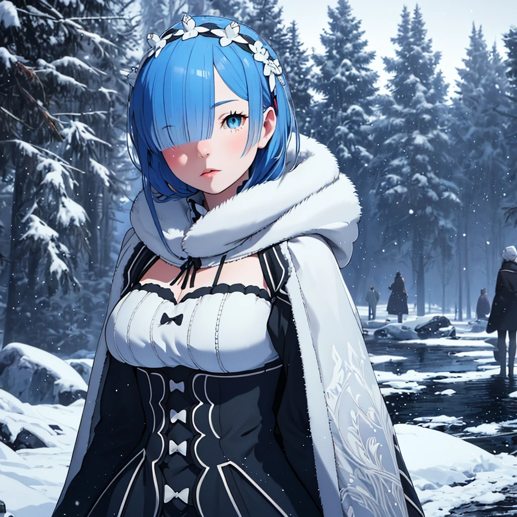 realistic, extremely detailed, intricate details, (best quality,4k,8k,highres,masterpiece:1.2),ultra-detailed,(realistic,photorealistic,photo-realistic:1.37),3 girls, standing together, cold stare, rem from re:zero, beautiful detailed eyes, beautiful detailed lips, extremely detailed face, long eyelashes, white hair, blue hair, red hair, beautiful detailed clothing, winter outfit, snow, frozen landscape, dramatic lighting, moody atmosphere, cinematic composition, dark blue color palette