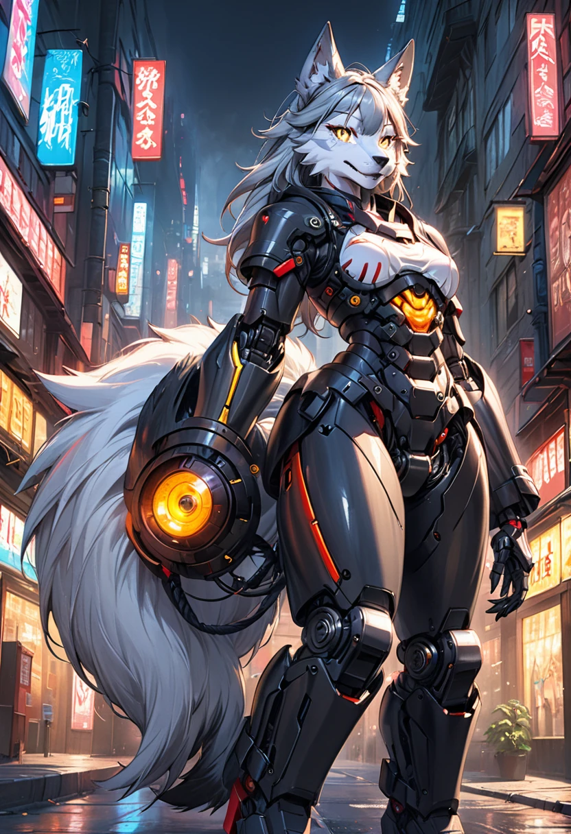 a portrait of a mechanical creature (( mechanical female, anthro wolf: 1.5), ((full body: 1.5)), ((anatomically correct: 1.5)), (ultra detailed face: 1.2), looking feral, looking dangerouse,  yellow eyes. dynamic fur color, glowing eyes, wearing mech armor, delicate armor, wearing high heeled boots, cyberpunk street background, vibrant, Ultra-high resolution, High Contrast, (masterpiece:1.5), highest quality, Best aesthetics), best details, best quality, highres, 16k, (ultra detailed: 1.5), masterpiece, best quality, (extremely detailed) RAW, (ultra details, Masterpiece, best quality),MechanicusStyleAI, Hyperrealism style, anime