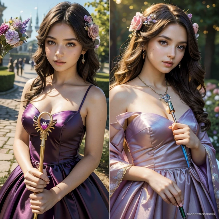 (masterpiece, best quality:1.5), highest quality, High resolution, super detailed, Realists, Upper body photo of a brunette magical girl, detailed and beautiful eyes, beautiful detailed lips, very detailed eyes and face, longeyelashes, shiny satin dress, Holding a magic wand in your hand, Cast a transformation spell, A snake turns into a bouquet of flowers, Magic wands present and shiny, Beautiful and colorful makeup, elegant and noble々The jewelry bag, Gardens as background, soft daylight, bright colors, fine brushstrokes, Portrait style, Silk dress fabric, beautiful color palette, glowing skin, First-class rendering, that captures every detail, enchanting atmosphere, subtle shadows and lights, (perfect anatomy:1.2), (The two stunning 14 and 12 year old magical girls transform a snake into a bouquet of flowers (a transformation with the magic wand:1.4), (magnificent panorama view:1.2)