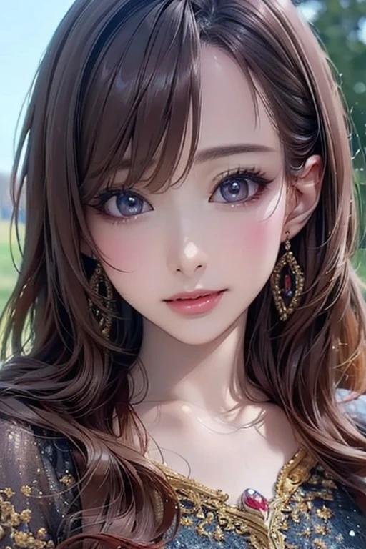 1 heroine, very detailed faces, all body, long brown hair, bust, , Big round purple eyes, The most beautiful face, big and regular breasts, red blush