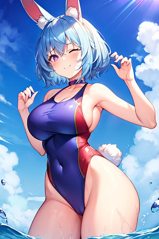 1girl, rabbit ears, light blue hair, very short hair, one eye closed, purple eyes, large breasts, thick thighs, beach, blue hair, smile, animal ear fluff, (animal ear fluff), animal ears, (animal ears), hourglass figure, bare legs, one-piece swimsuit, competition swimsuit, blue one-piece swimsuit, red trim, red line,