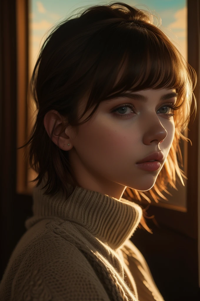 16 year old Scarlett Johansson, bangs, knit sweater, (((masterpiece, ultra-detailed face))).