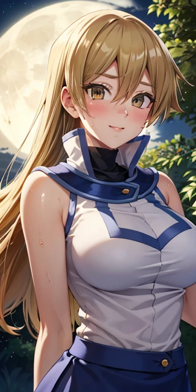 1 Female,High definition,high resolution,Ultra-realistic,8K, 8K, ta1,blonde hair,long hair,yellow eyes, white jacket, sleeveless, blue skirt,tight skirt , miniskirt,fingerless gloves,European,sexy,Upper body close-up,Photographed from the front,Dynamic Angles,(blush), big tits , happy, wink the eye,facial, sweat,multicolored hair , outdoors, moonlight, night ,leaf , windy,tree background 