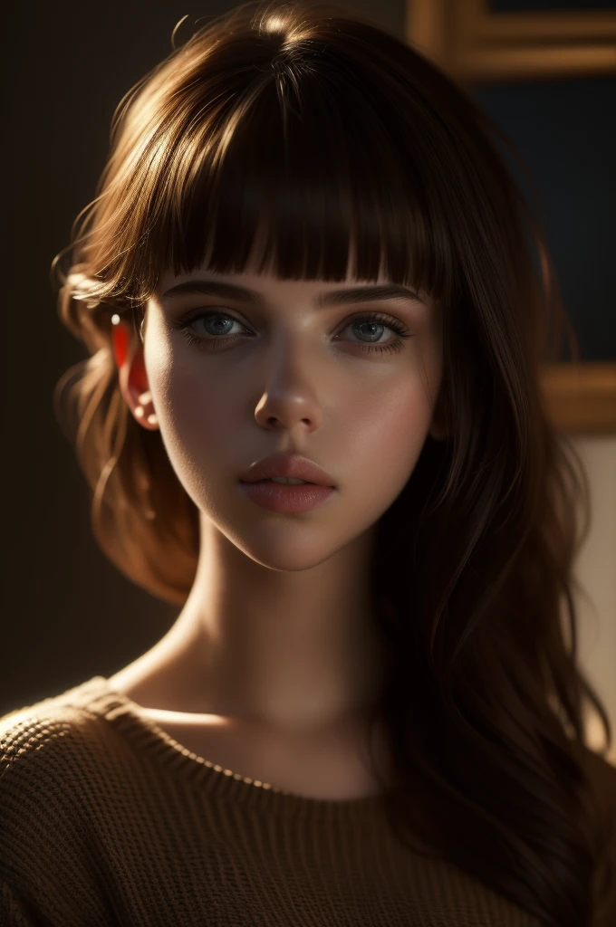 16 year old Scarlett Johansson, bangs, knit sweater, (((masterpiece, ultra-detailed face))).