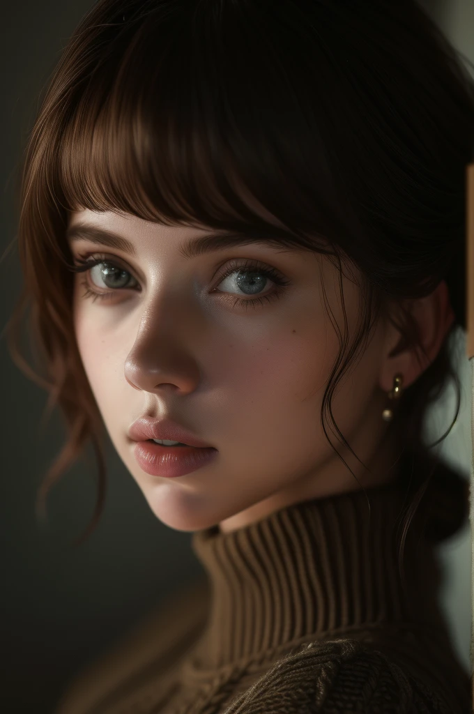 16 year old Scarlett Johansson, bangs, knit sweater, (((masterpiece, ultra-detailed face))).