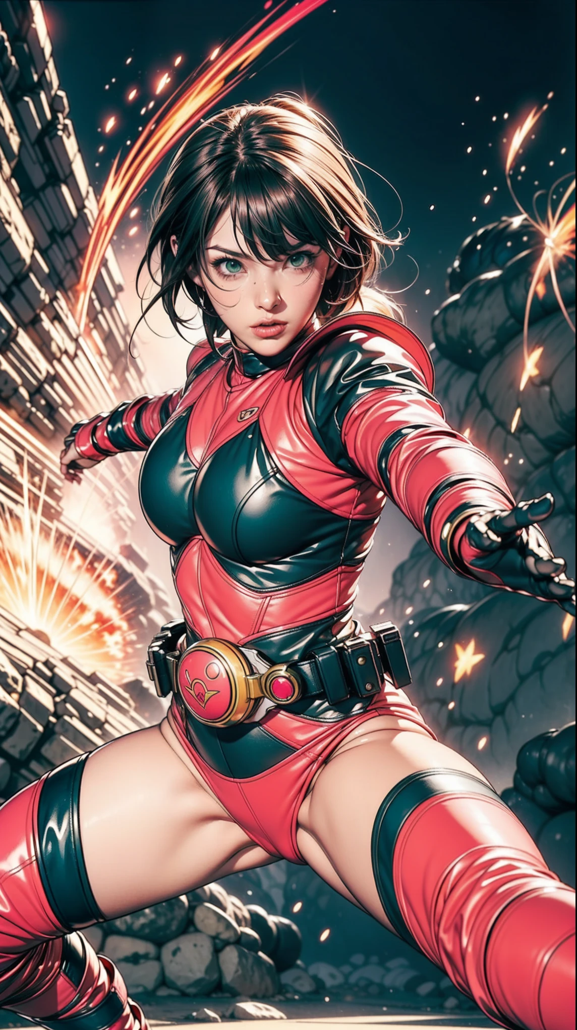 good better hand, Solo, A brave and courageous image of a 6 member ranger team, Each one is decorated in vibrant colors such as:: ((Pink)), red is front of center, violet, Green, yellow, blue black, white,. Heart motif belt, Dynamic poses in a background that exudes energy and courage, neon, fire, plasma, Fluorescent, shocking, pink big bomber, splashing pink, running, fighting pose, action pose, Embodying the essence of the classic Sentai superhero team. Each Ranger:: The attire is sophisticated and modern, Each color has elements that reflect its theme., Ready for action. ((Camel Toe)), weapons, in sunset background , in cinematic lighting, cover art mixed cinema poster style,
