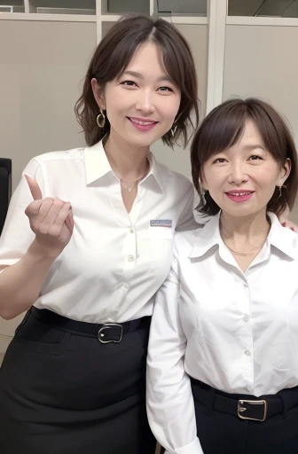 4K、Raw photo、Photoreal Stick、hight resolution、Cute 50 year old woman in Japan , Face like an idol、skin tanned、sun burn、Light blonde medium wavy hair、With bangs、 Cute Real Photo Girl、、Facility Manager、Sitting in a nursing home office chair、Looking at the camera、Wearing sunglasses