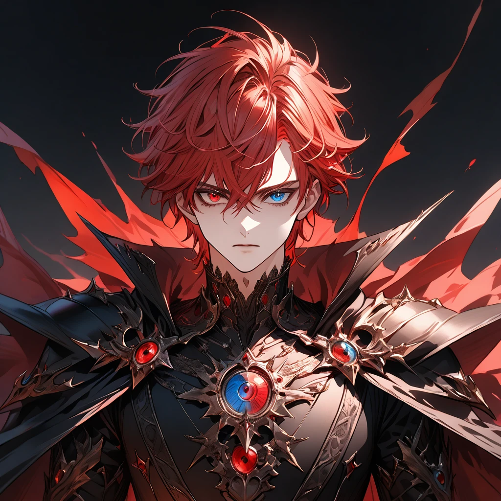 male face, red hair, heterochromia, extremely detailed eyes, perfect eyes, extremely detailed face, black overcoat, powerful cape, RPG style, broad shoulders, upright posture, facing the image, no light in the image, no shadows in the image, 8k, ultra-high quality, extremely detailed, perfectly detailed.