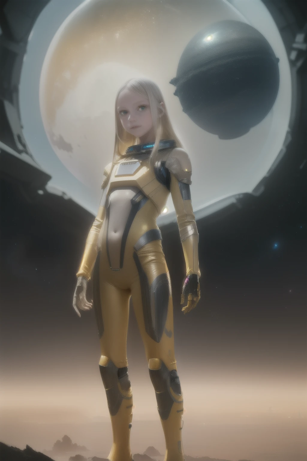 young girl, 12 years old, blond hair, photorealistic, pale skin), (yellow (eyes:1.2)), (slim build:1.3), (fantasy space suit), beautiful face, symmetrical face, Greg Rutkowski, wlop and Sam Kuvshinov, (long hair), blond eyelashes, large iris, large pupil, full body, standing on the background of the cosmodrome, artstation, 8k, science fiction, pastel colors, props, panel, concept, futuristic, gribble, simon stalenhag, space, in outer space, a spaceship in the sky, technological blocks, futuristic world:1.5, rusty metal futuristic world, (simple oil painting in a style to Bill Sienkiewicz)
