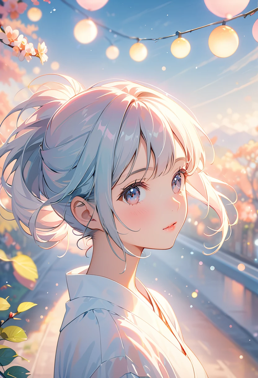 (Highest quality:1.2), Beautiful lo-fi minimalist vibe, e 15-ar-Japanman, Light bokeh, Soft colors, Sparkling, Dynamic Side Angle, Natural soft lighting, 8k resolution, shape, pastel four colors,