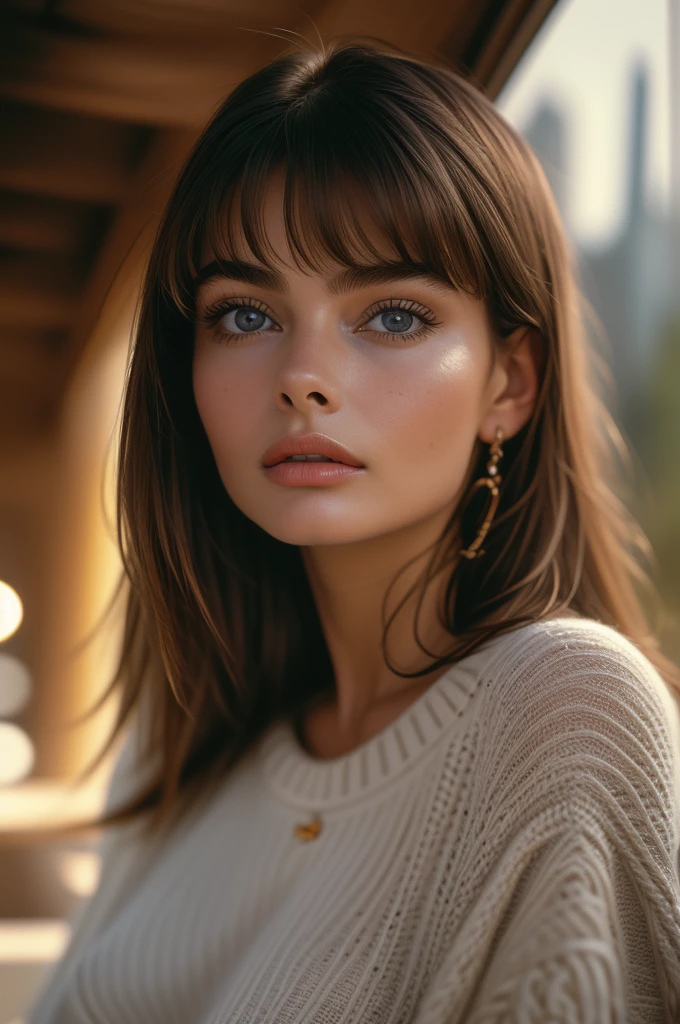 Paulina Porizkova, bangs, knit sweater, (((masterpiece, ultra-detailed face))).