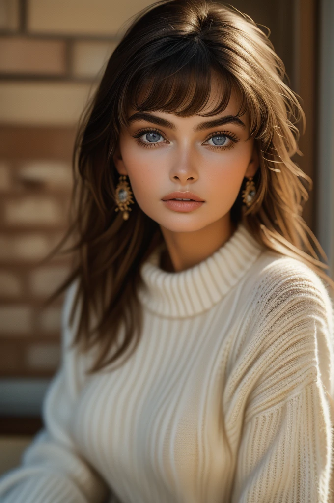 16 year old Paulina Porizkova, bangs, knit sweater, (((masterpiece, ultra-detailed face))).