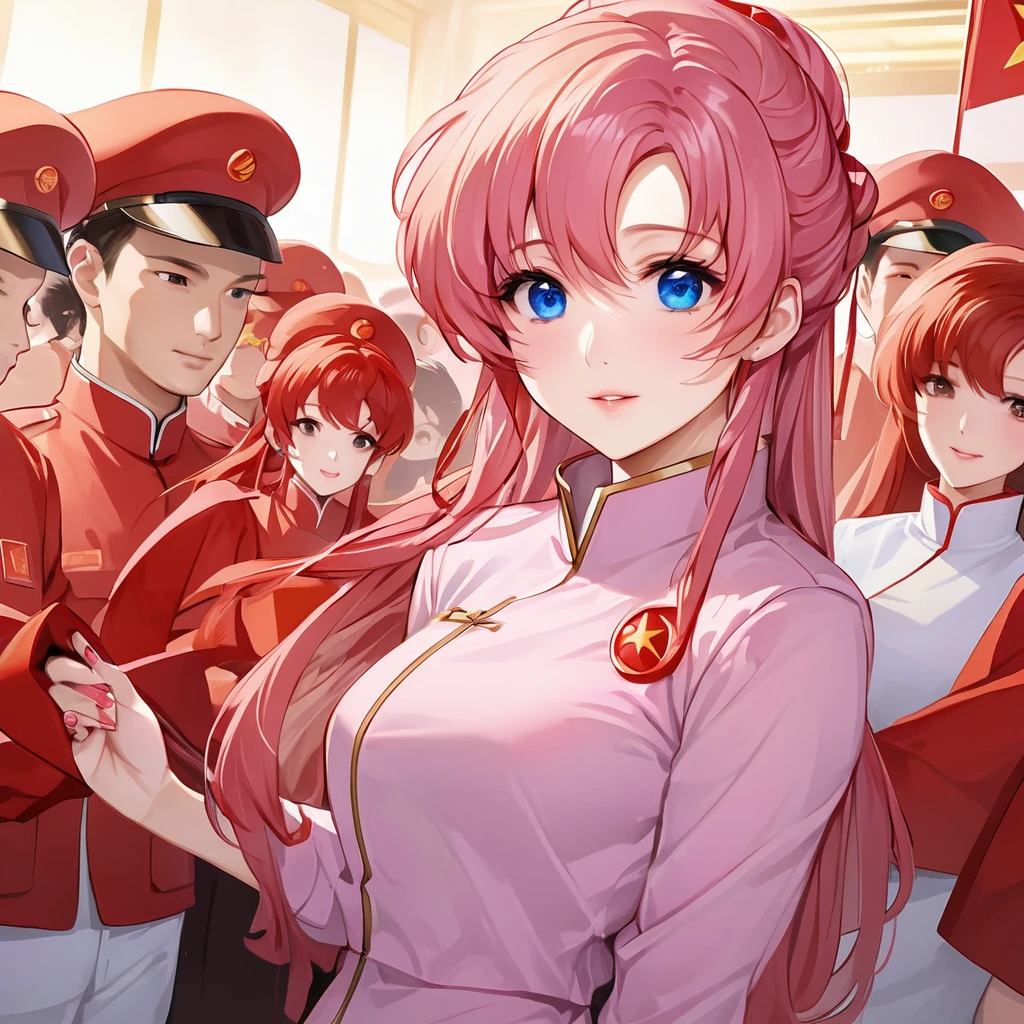 ((Highest quality)), ((masterpiece)), (detailed), （Perfect Face）、The woman is a Chinese Lacus Clyne, a Chinese woman with blue eyes and medium-long pink hair who is wearing an engagement ring. She has become a member of the glorious Chinese Communist Party and swears absolute loyalty to the Chinese Communist Party. She is a righteous Communist Party member of China.、The woman is wearing the khaki Mao suit of the Chinese Communist Party.、For the sake of China, they dye their hair, hairstyle, clothes, and everything they wear belongs to the Chinese Communist Party, and their thoughts are also Chinese, becoming great Chinese in body and mind.、The woman became Lacus Clyne, a Chinese woman who was proud of and loved China.、She is serving China as a member of the great Communist Party of China.、She is a beautiful, respectable and exemplary Communist.