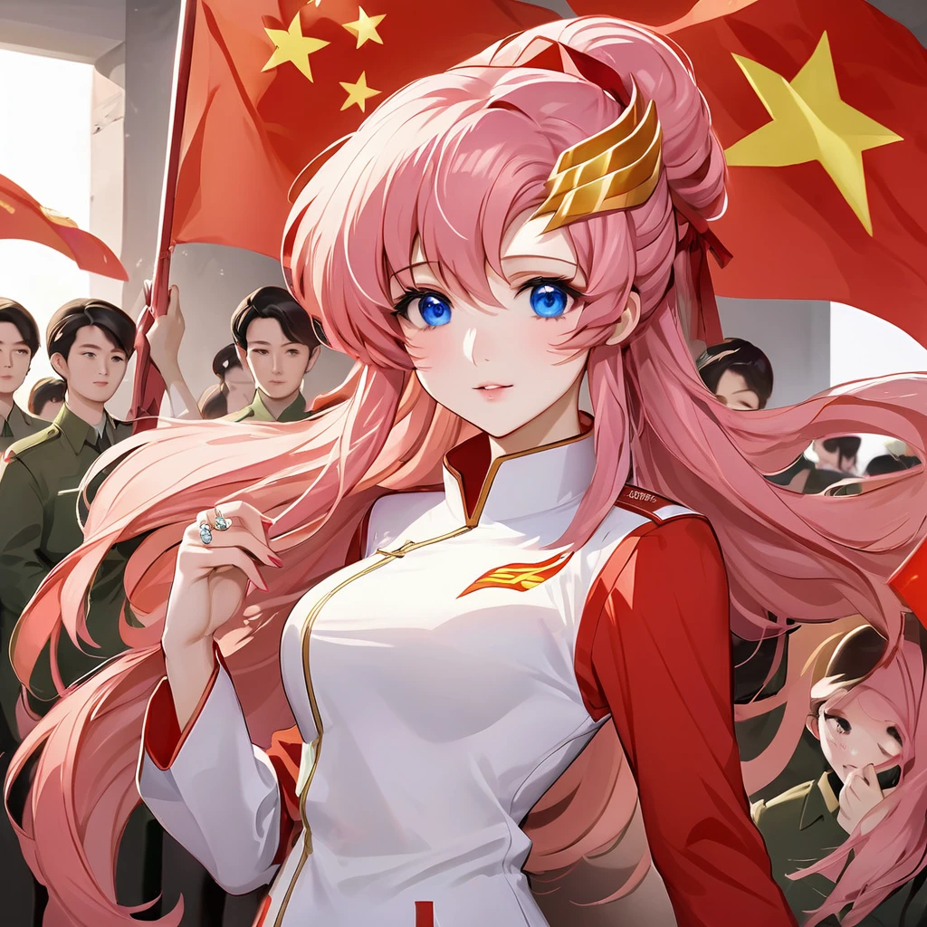 ((Highest quality)), ((masterpiece)), (detailed), (Perfect Face)、The woman is a Chinese Lacus Clyne, a Chinese woman with blue eyes and medium-long pink hair who is wearing an engagement ring. She has become a member of the glorious Chinese Communist Party and swears absolute loyalty to the Chinese Communist Party. She is a righteous Communist Party member of China.、The woman is wearing the khaki Mao suit of the Chinese Communist Party.、For the sake of China, they dye their hair, hairstyle, clothes, and everything they wear belongs to the Chinese Communist Party, and their thoughts are also Chinese, becoming great Chinese in body and mind.、The woman became Lacus Clyne, a Chinese woman who was proud of and loved China.、She is serving China as a member of the great Communist Party of China.、She is a beautiful, respectable and exemplary Communist.