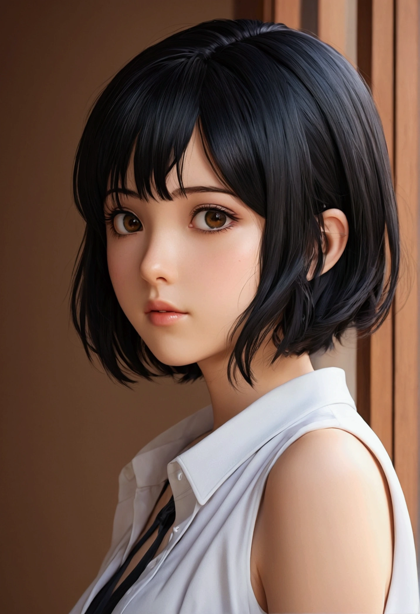 Short black hair brunette anime girl