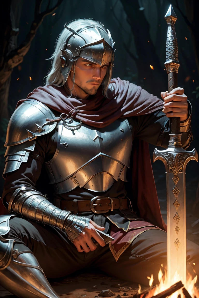 a dnd human echo knight resting near a bonefire holding his sword 
