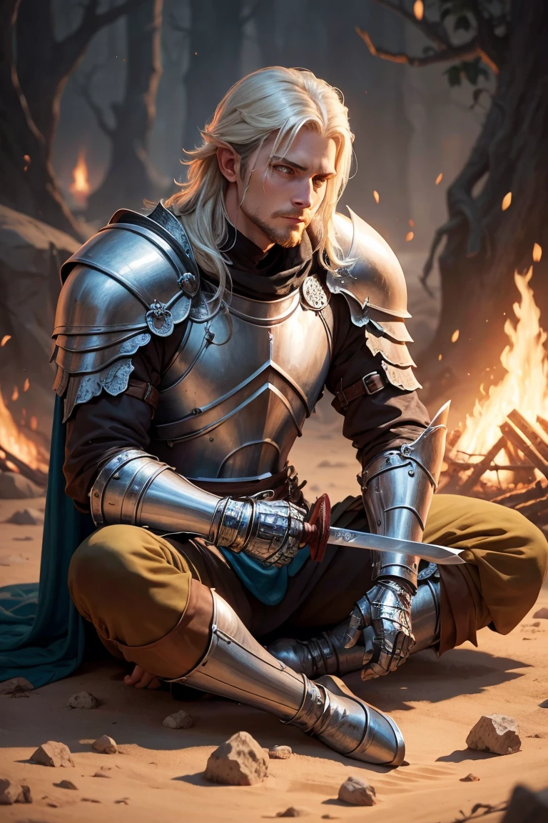 a dnd human echo knight resting near a bonefire holding his sword