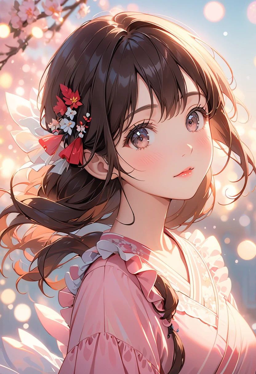 (Highest quality:1.2), Beautiful lo-fi minimalist vibe, Cute 23 year old Japanese woman, Light bokeh, Soft colors, Sparkling, Dynamic Side Angle, Natural soft lighting, 8k resolution, shape, pastel four colors,Brown hair color、Pink ruffled dress,