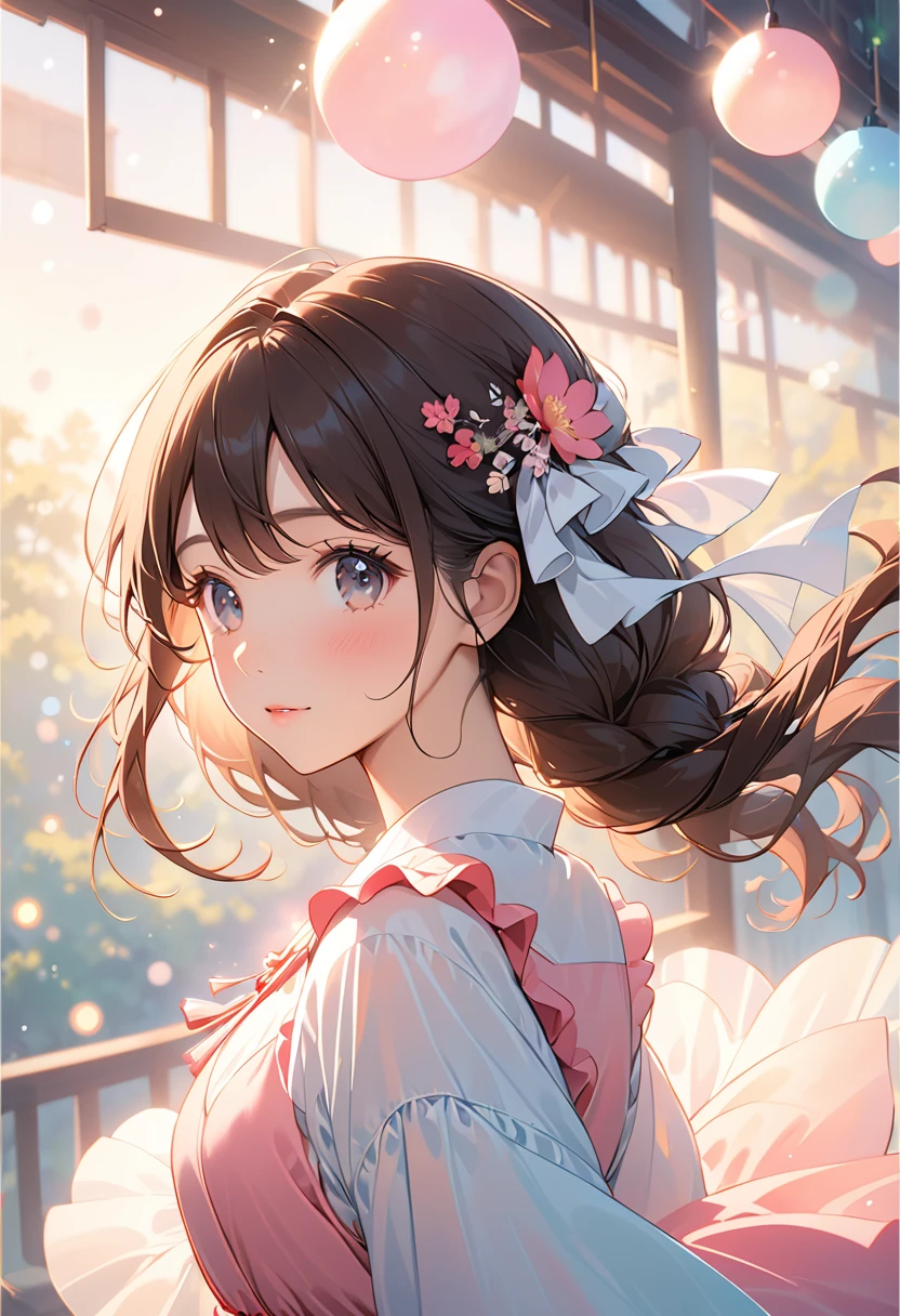 (Highest quality:1.2), Beautiful lo-fi minimalist vibe, Cute 23 year old Japanese woman, Light bokeh, Soft colors, Sparkling, Dynamic Side Angle, Natural soft lighting, 8k resolution, shape, pastel four colors,Brown hair color、Pink ruffled dress,