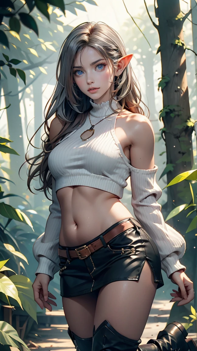 (elf girl), master piece, blushing, freckles, wide hips, slim waist, thick thighs, masterpiece, best quality, sfw, mature 36 year old woman, brown hair, moist face, wavy hair, mouth open, shiny. lips, beutiful round eyes, cropped hoodie, thin panties, black hoodie, black underwater, no pants, bikini bottom