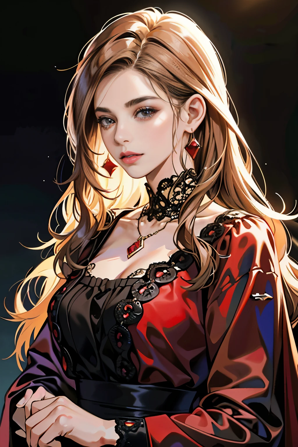(Extremely detailed CG unit 8k wallpaper, masterpiece, Best Quality, ultra detailed), (better lighting, best shadow), 45-year-old Spanish woman in 1990., maduro, square face, wearing 1 red rose on the neck of the necklace, wearing a black and red lace dress, golden earrings, Features as María Padilla., (very detailed skin: 1.2), medium brown loose hair with highlights