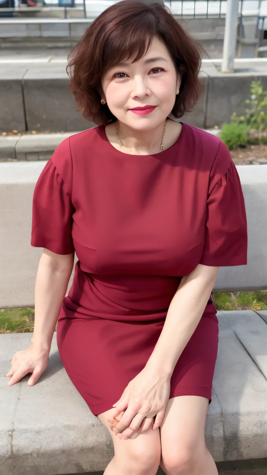 sitting on a park bench, Wrinkles around the eyes, Smiling with teeth showing, Plain short-sleeved clothing, senior citizen, Draw lips correctly, Red lipstick, No discomfort, 16K, Highest quality, Very detailed, Realistic, Very detailed肌, Japanese, alone, 60 years old, Large Breasts, , Glamour, sexy, , Staring straight ahead,