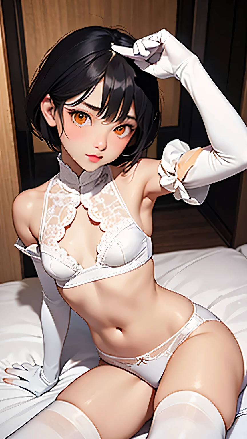 Highest quality、Realistic、male、zoom、Orange eyes、Very short black hair、White Lingerie、thin、Small breasts、Sunburn。Dark Skin、、White long gloves、White long boots、