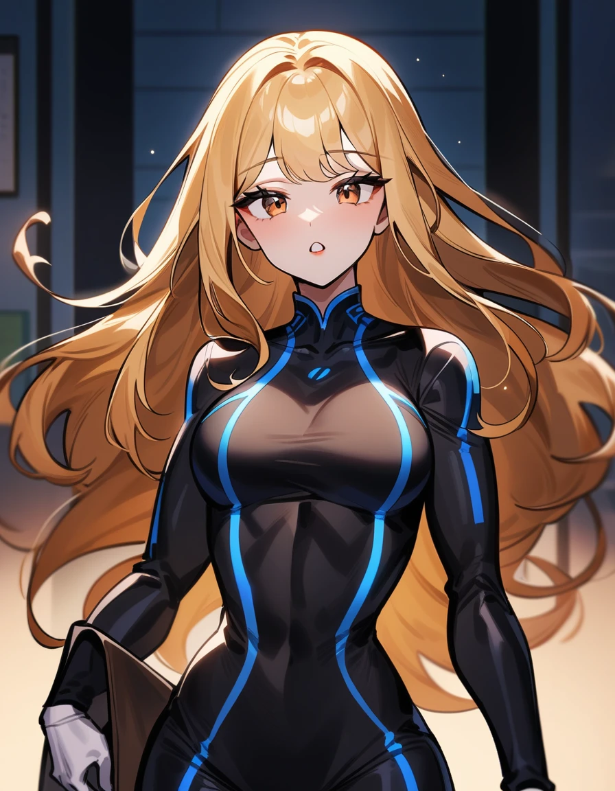 In manhwa art style young Korean woman in her 28s. Her hair is long and curv in a dark-blonde color. Her face is oval and marked by her large brown eyes, which carry a cold, unexpressive face. Her skin is radiant and clear, presenting an impeccable state of health and her curved lips. Her body athletic and defined, with the most charming. She stands in her office at night with her back to the glassware Wearing an suit with black