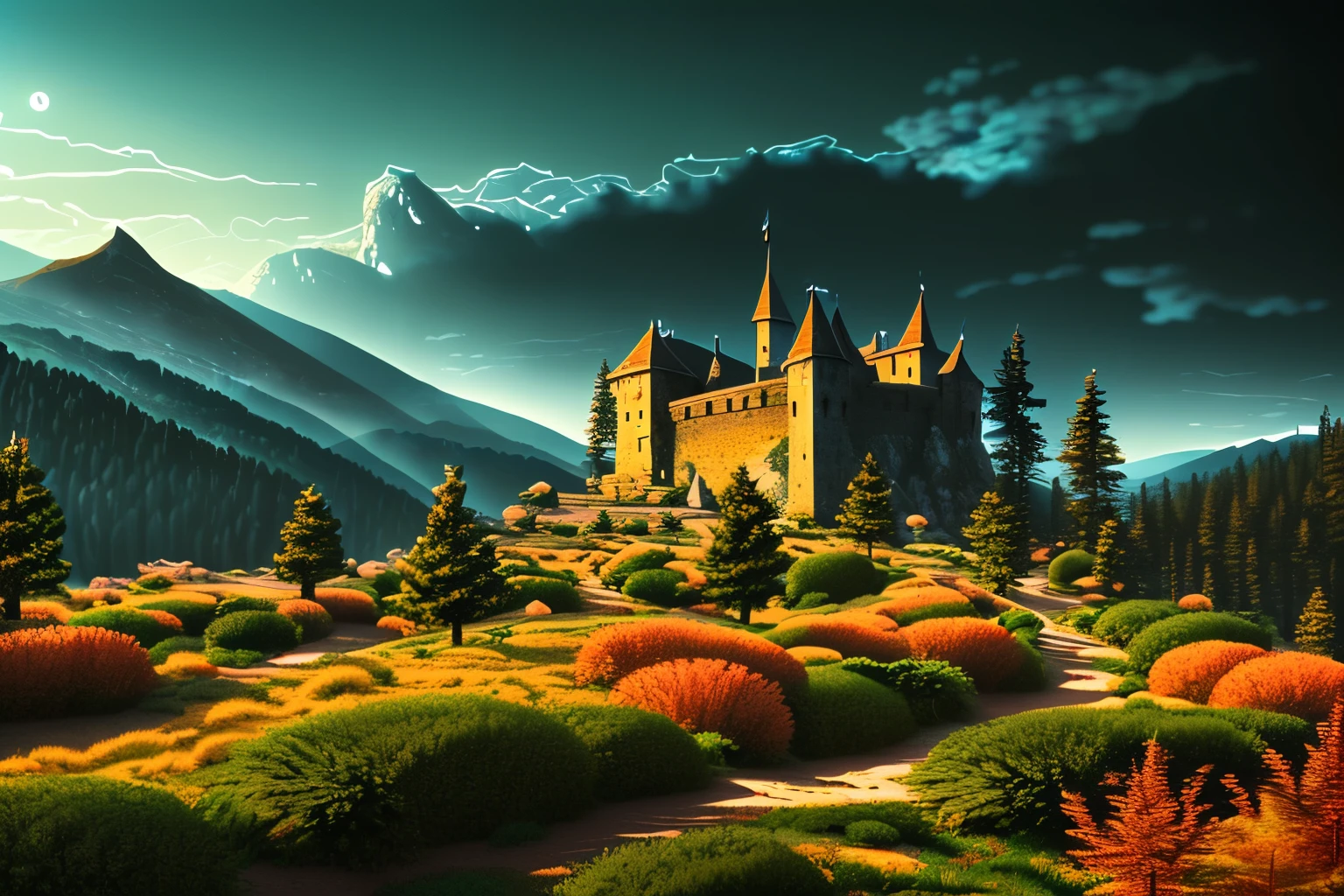 a medieval european castle on a mountain, pine trees, mountain path, fantasy landscape, detailed architecture, dramatic lighting, cinematic composition, highly detailed, 8k, photorealistic, intricate details, stunning scenery, atmospheric lighting, vibrant colors, masterpiece