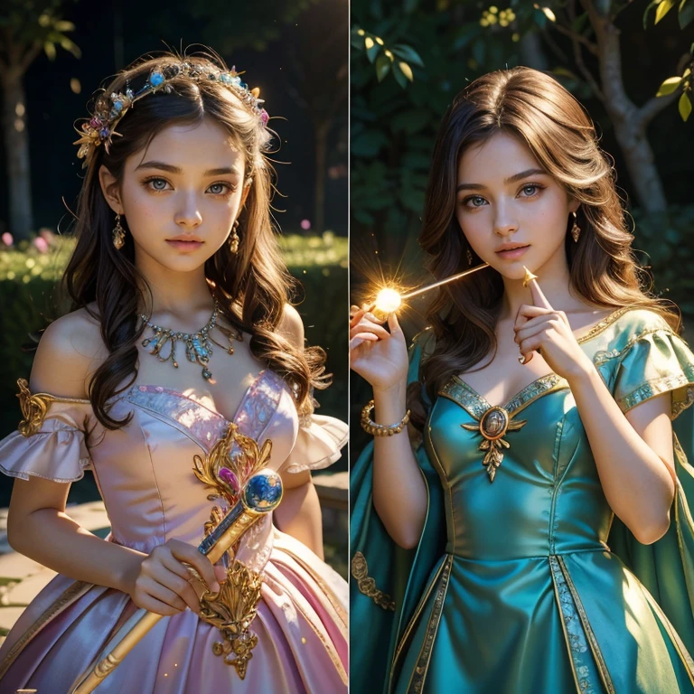(masterpiece, best quality:1.5), highest quality, High resolution, super detailed, Realists, Upper body photo of a brunette young magical girl, detailed and beautiful eyes, beautiful detailed lips, very detailed eyes and face, longeyelashes, shiny satin dress, Holding a magic wand in your hand, Cast a transformation spell, With her magic wand she transforms snails into butterflies, Glowing wands available,Beautiful and colorful makeup, elegant and noble々The jewelry bag, Gardens as background, soft daylight, bright colors, fine brushstrokes, Portrait style, Silk dress fabric, beautiful color palette, glowing skin, First-class rendering, that captures every detail, enchanting atmosphere, subtle shadows and lights, (perfect anatomy:1.2), (The two stunning magical girls transform snails into butterflies. (a transformation with the magic wand:1.4), (magnificent panorama view:1.2)