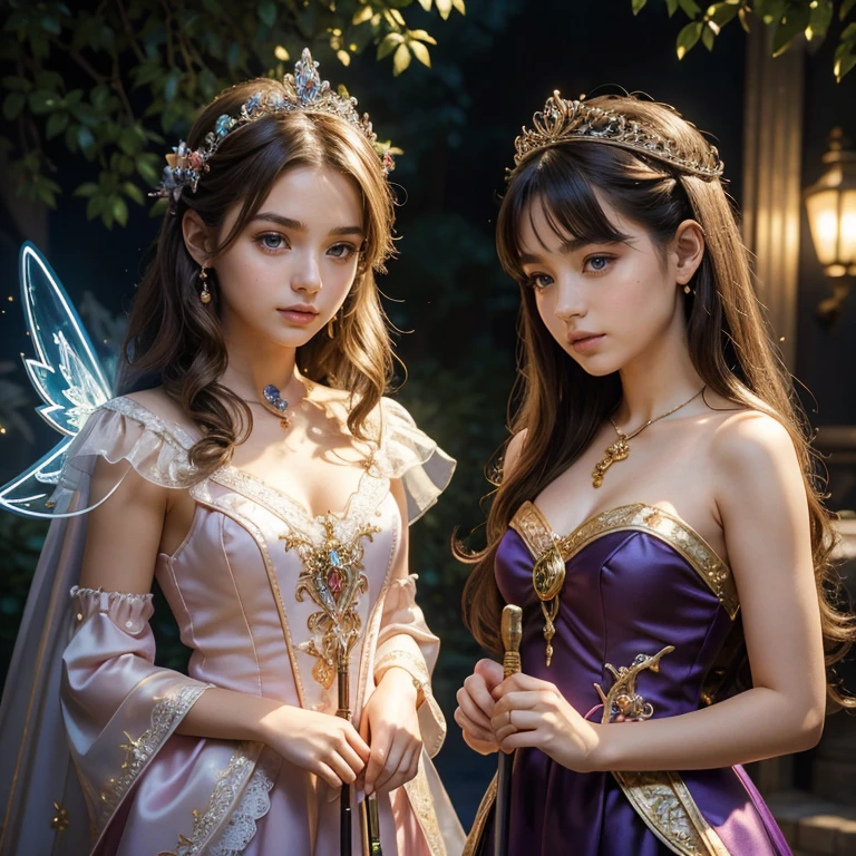 (masterpiece, best quality:1.5), highest quality, High resolution, super detailed, Realists, Upper body photo of a brunette sorceress, detailed and beautiful eyes, beautiful detailed lips, very detailed eyes and face, longeyelashes, shiny satin dress, Holding a long magic wand in your hand, Cast a transformation spell, Glowing wands available, Beautiful and colorful makeup, elegant and noble々The jewelry bag, Gardens as background, soft daylight, bright colors, fine brushstrokes, Portrait style, Silk dress fabric, beautiful color palette, glowing skin, First-class rendering, that captures every detail, enchanting atmosphere, subtle shadows and lights, (perfect anatomy:1.2), (The two stunning 14 and 12 year old magical girls perform a transformation spell. Swing their long magic wands (a transformation with the magic wand:1.4), (magnificent panorama view:1.2)